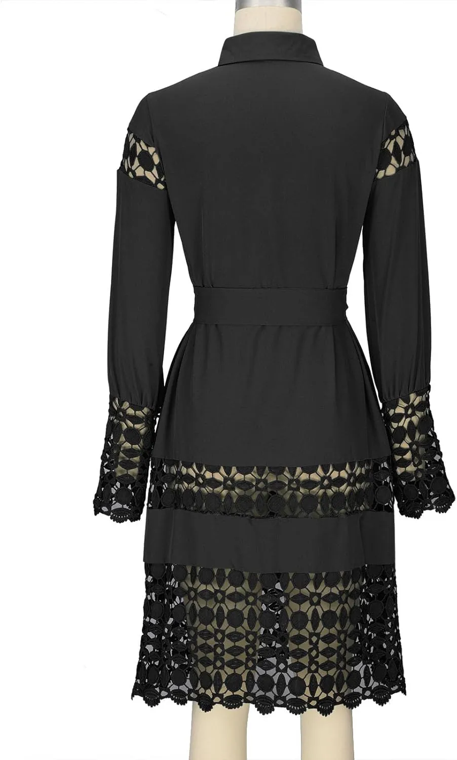 Women's Summer Dresses Long Sleeve Lapel Button Down Belted Mini Dress Plus Size Lace Patchwork Hollow Out Dresses