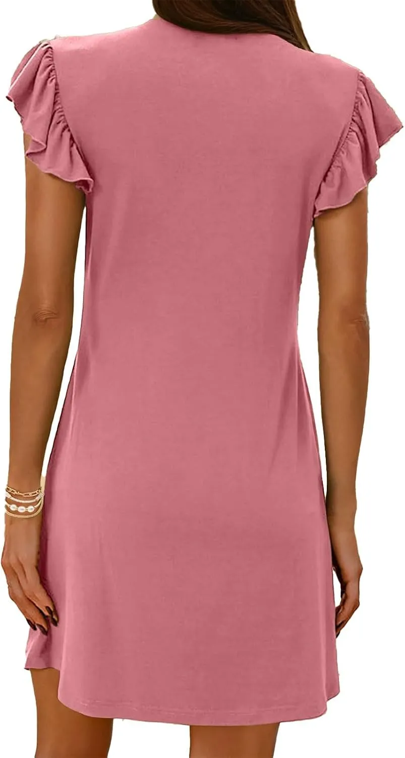 Womens Summer Dresses Ruffle Sleeve Mini Dress V Neck Loose Fit Sundress Beach Vacation Outfits