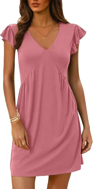Womens Summer Dresses Ruffle Sleeve Mini Dress V Neck Loose Fit Sundress Beach Vacation Outfits