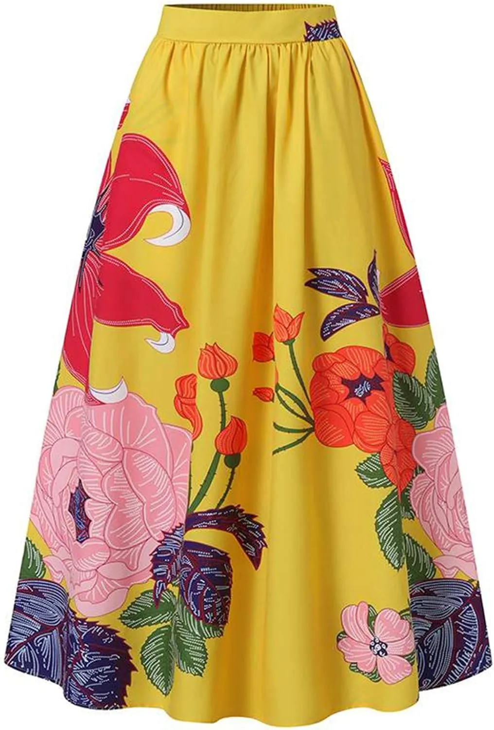 Womens Summer Maxi Skirts High Waist Pleated A-Line Skirts Floral Flowy Swing Long Beach Skirt Dress with Pockets