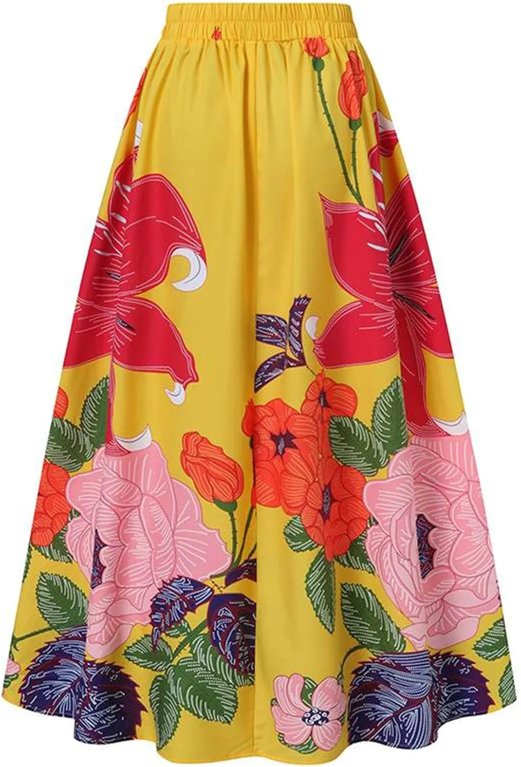 Womens Summer Maxi Skirts High Waist Pleated A-Line Skirts Floral Flowy Swing Long Beach Skirt Dress with Pockets