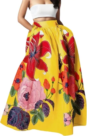 Womens Summer Maxi Skirts High Waist Pleated A-Line Skirts Floral Flowy Swing Long Beach Skirt Dress with Pockets