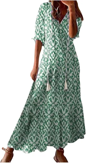Women's Summer Ruffle Maxi Dresses 3/4 Sleeve Floral Pleated Swing Dress Bohemian Flowy A Line Boho Beach Long Dress