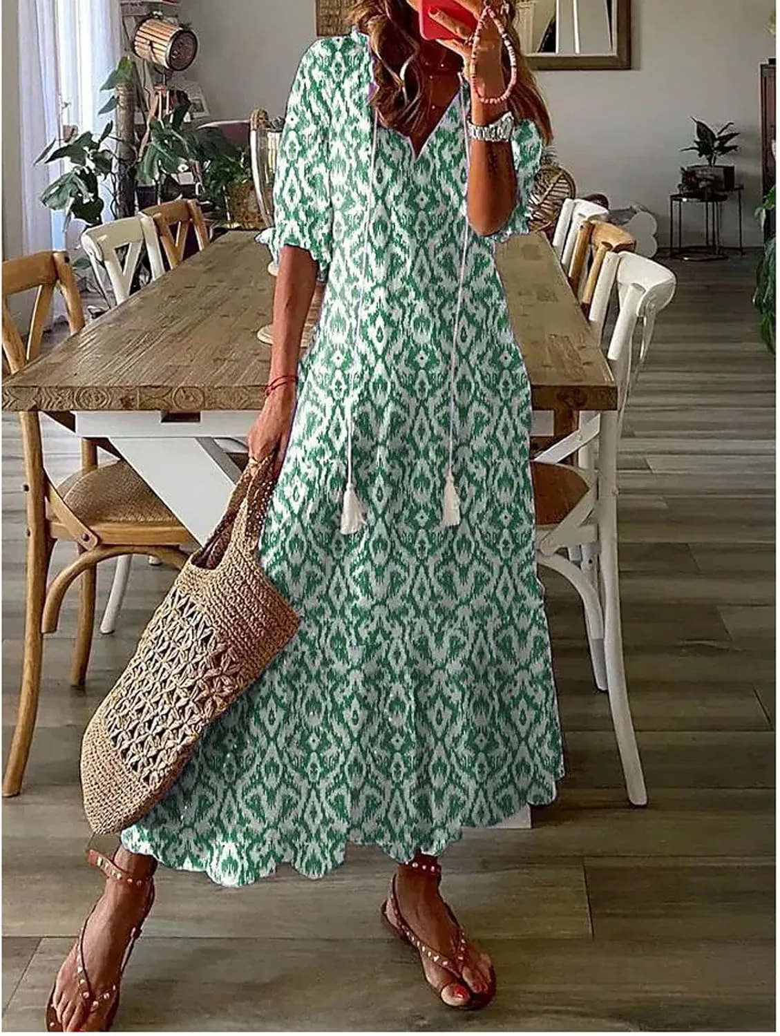 Women's Summer Ruffle Maxi Dresses 3/4 Sleeve Floral Pleated Swing Dress Bohemian Flowy A Line Boho Beach Long Dress