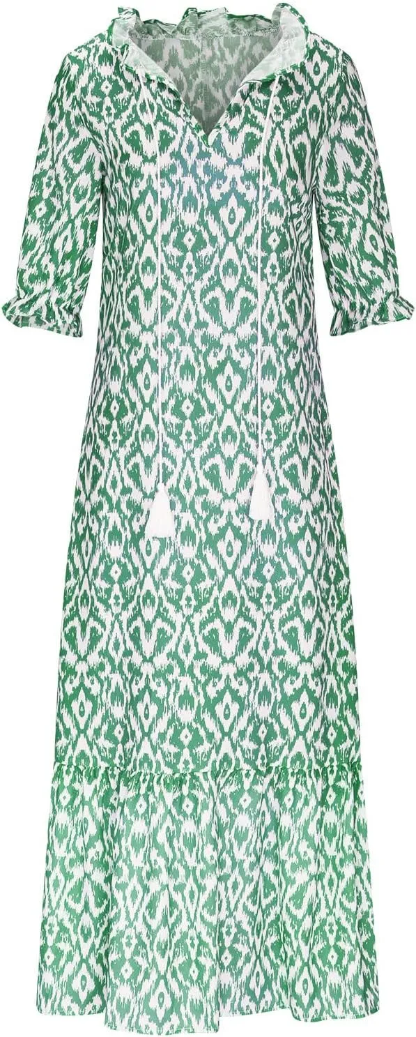 Women's Summer Ruffle Maxi Dresses 3/4 Sleeve Floral Pleated Swing Dress Bohemian Flowy A Line Boho Beach Long Dress