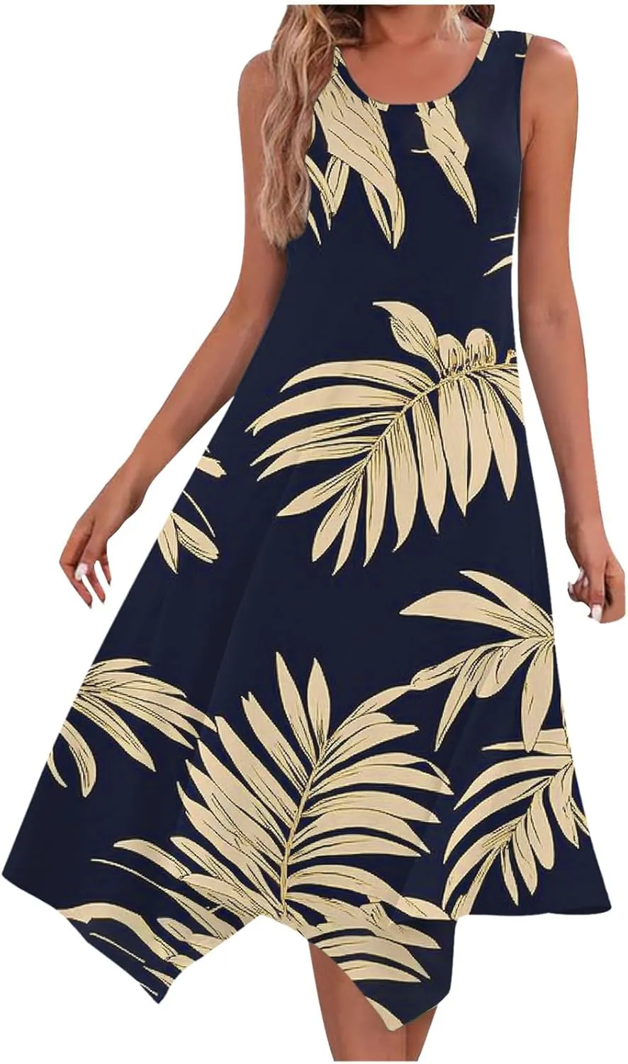 Women's Summer Tank Midi Dresses Floral Printed Sleeveless A-Line Dress Casual T-Shirt Dress Flowy Beach Sundress