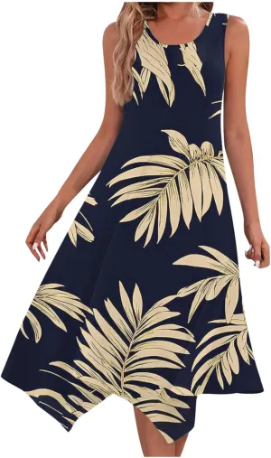 Women's Summer Tank Midi Dresses Floral Printed Sleeveless A-Line Dress Casual T-Shirt Dress Flowy Beach Sundress