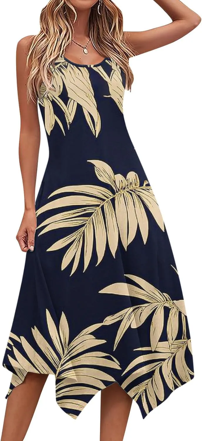Women's Summer Tank Midi Dresses Floral Printed Sleeveless A-Line Dress Casual T-Shirt Dress Flowy Beach Sundress