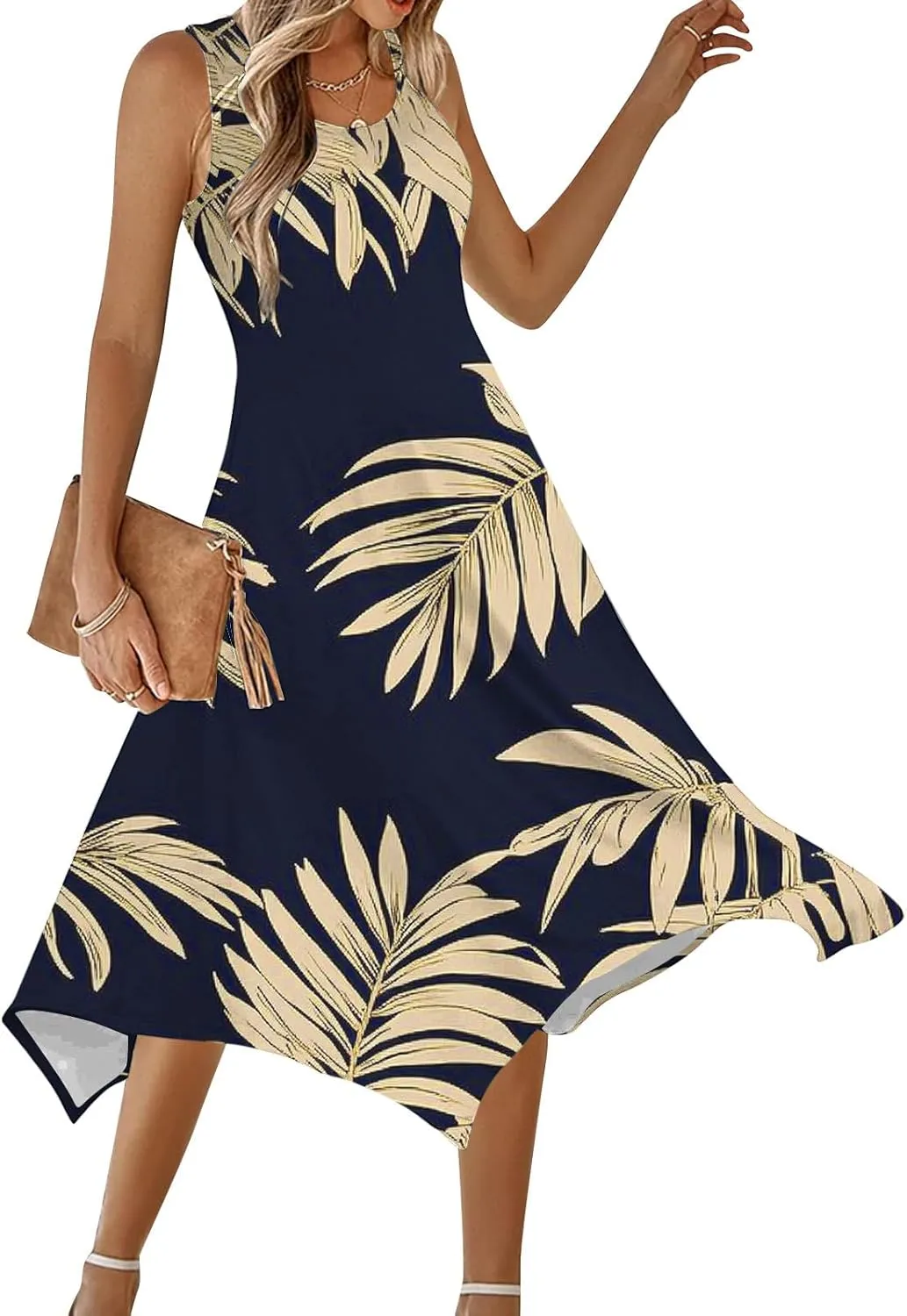 Women's Summer Tank Midi Dresses Floral Printed Sleeveless A-Line Dress Casual T-Shirt Dress Flowy Beach Sundress