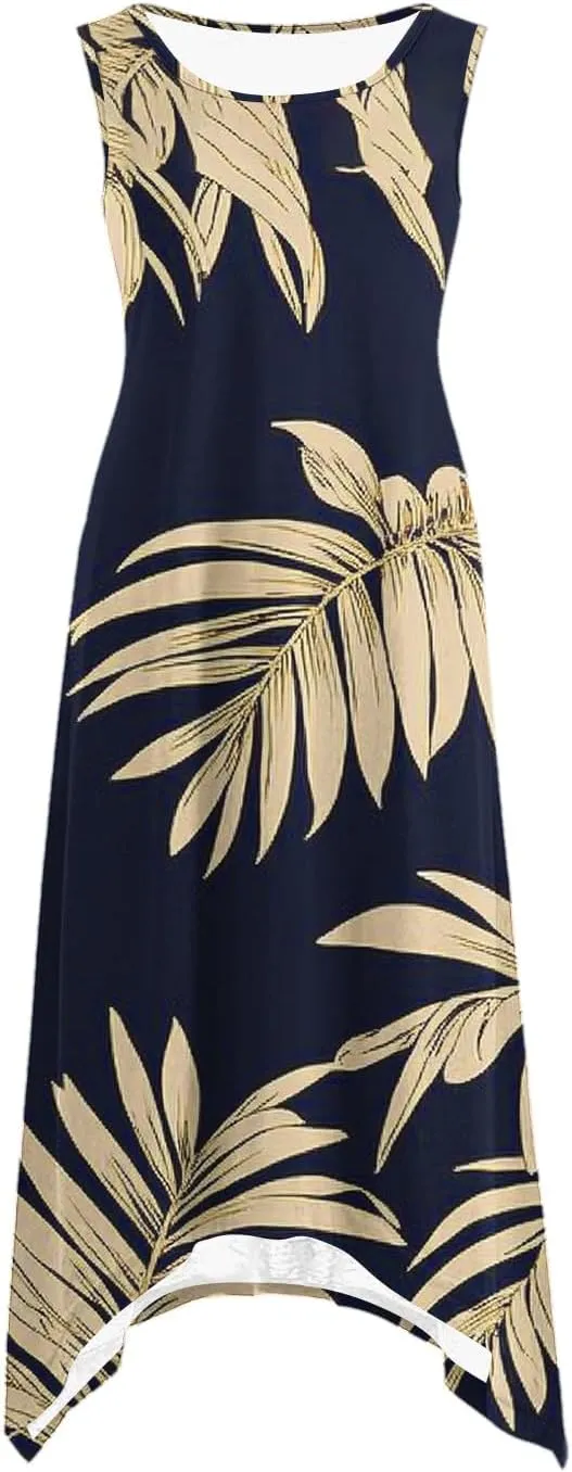 Women's Summer Tank Midi Dresses Floral Printed Sleeveless A-Line Dress Casual T-Shirt Dress Flowy Beach Sundress