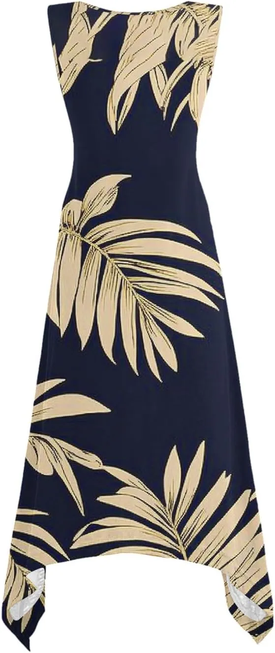 Women's Summer Tank Midi Dresses Floral Printed Sleeveless A-Line Dress Casual T-Shirt Dress Flowy Beach Sundress