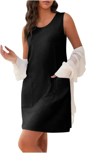 Womens Summer Tank Top Dress Sleeveless Round Neck Casual Dresses Trendy Solid Color Basic Mini Dress with Pockets