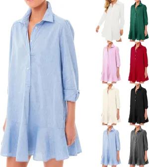 Womens Summer Tunic Shirt Mini Dress Linen Casual Long Sleeve Lapel V Neck Button Up Beach Dress Ruffle Hem Comfy Dress
