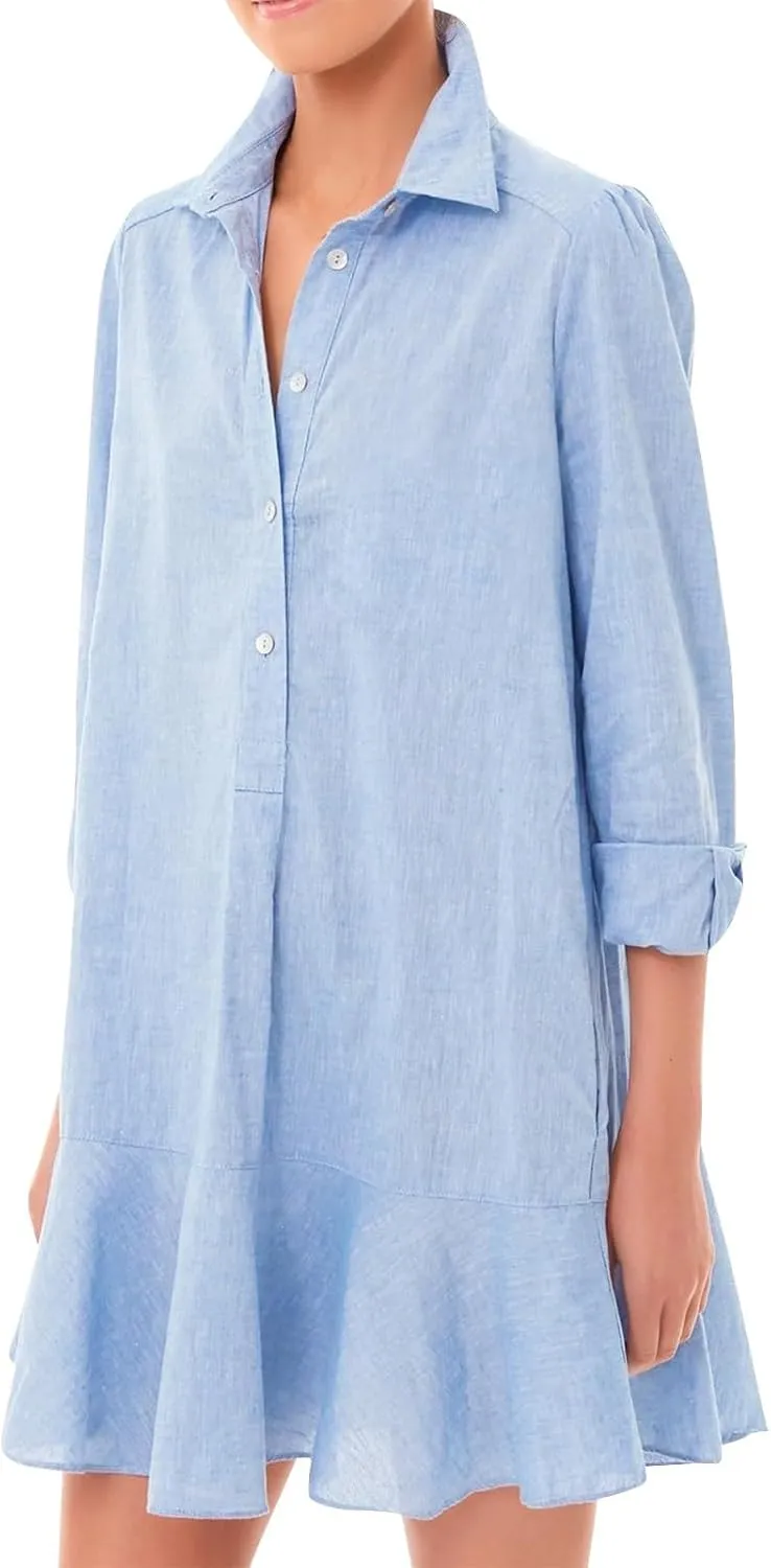 Womens Summer Tunic Shirt Mini Dress Linen Casual Long Sleeve Lapel V Neck Button Up Beach Dress Ruffle Hem Comfy Dress