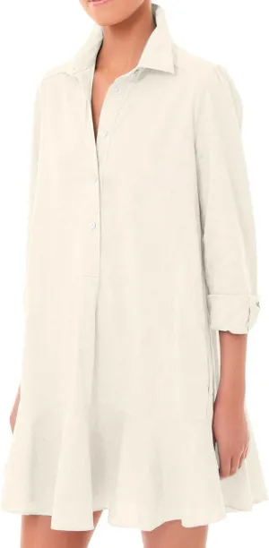 Womens Summer Tunic Shirt Mini Dress Linen Casual Long Sleeve Lapel V Neck Button Up Beach Dress Ruffle Hem Comfy Dress