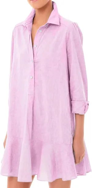 Womens Summer Tunic Shirt Mini Dress Linen Casual Long Sleeve Lapel V Neck Button Up Beach Dress Ruffle Hem Comfy Dress