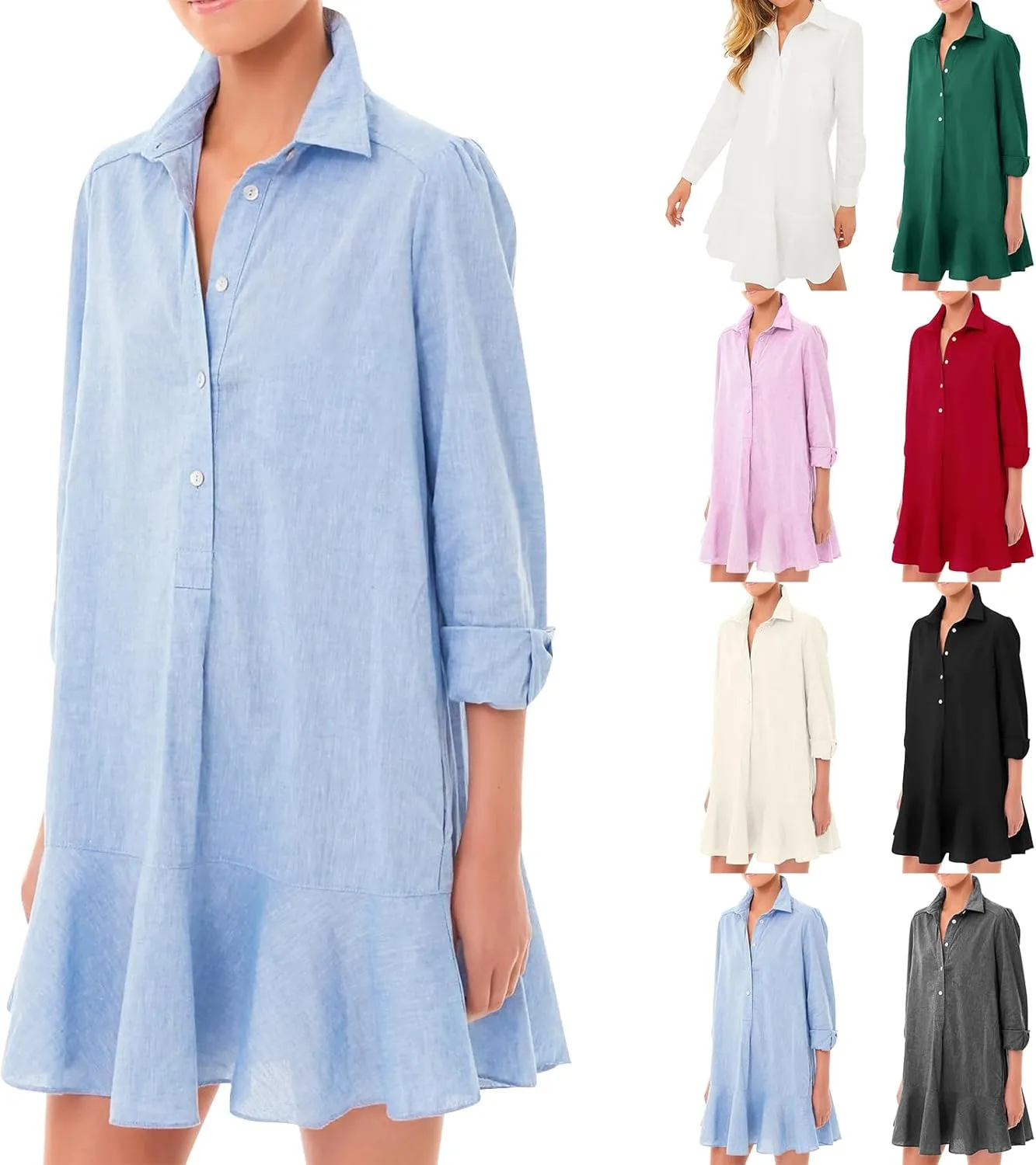 Womens Summer Tunic Shirt Mini Dress Linen Casual Long Sleeve Lapel V Neck Button Up Beach Dress Ruffle Hem Comfy Dress