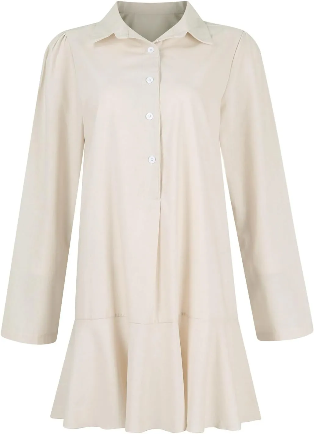 Womens Summer Tunic Shirt Mini Dress Linen Casual Long Sleeve Lapel V Neck Button Up Beach Dress Ruffle Hem Comfy Dress