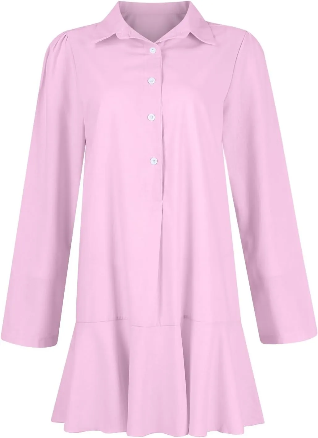 Womens Summer Tunic Shirt Mini Dress Linen Casual Long Sleeve Lapel V Neck Button Up Beach Dress Ruffle Hem Comfy Dress