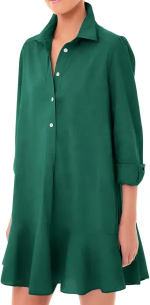 Womens Summer Tunic Shirt Mini Dress Linen Casual Long Sleeve Lapel V Neck Button Up Beach Dress Ruffle Hem Comfy Dress