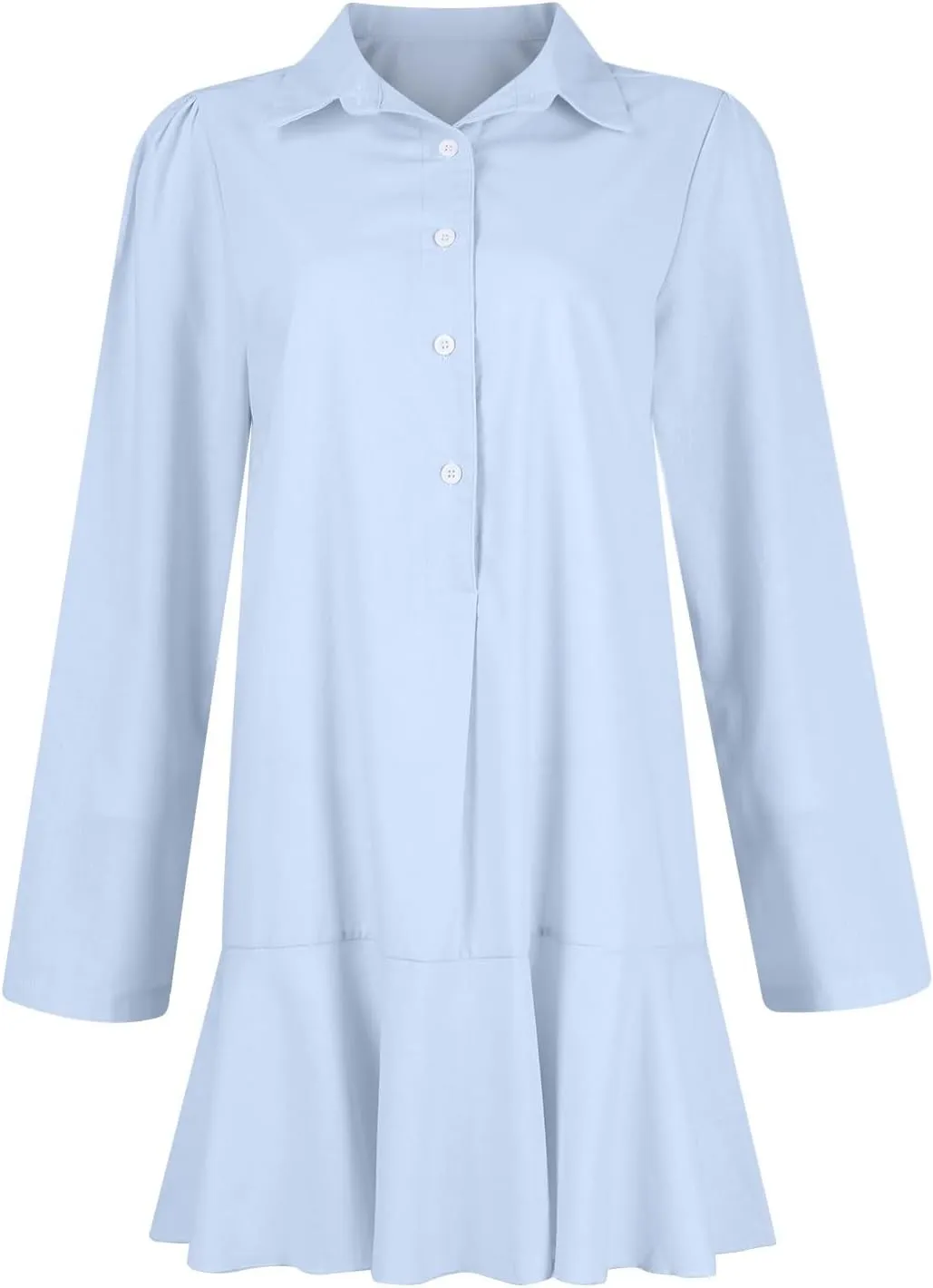 Womens Summer Tunic Shirt Mini Dress Linen Casual Long Sleeve Lapel V Neck Button Up Beach Dress Ruffle Hem Comfy Dress
