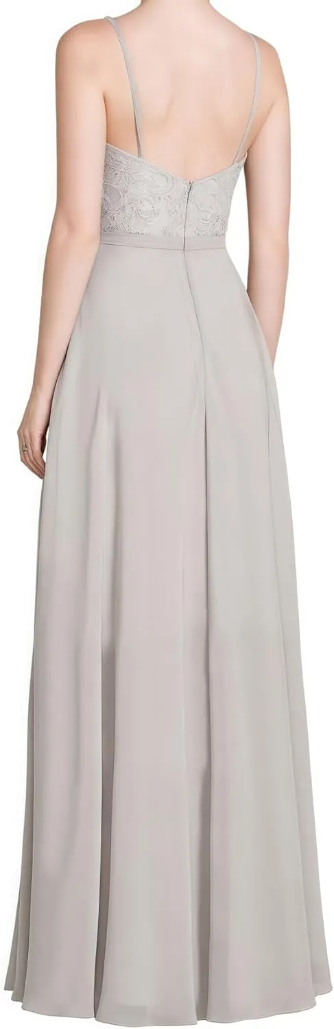Women's V-Neck Prom Dresses Lace Chiffon Formal Evening Party Gowns Long A-Line Bridesmaid Dress