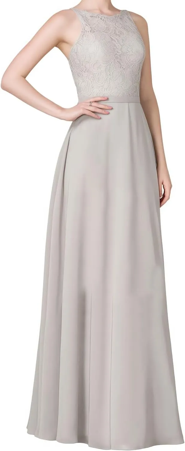 Women's V-Neck Prom Dresses Lace Chiffon Formal Evening Party Gowns Long A-Line Bridesmaid Dress