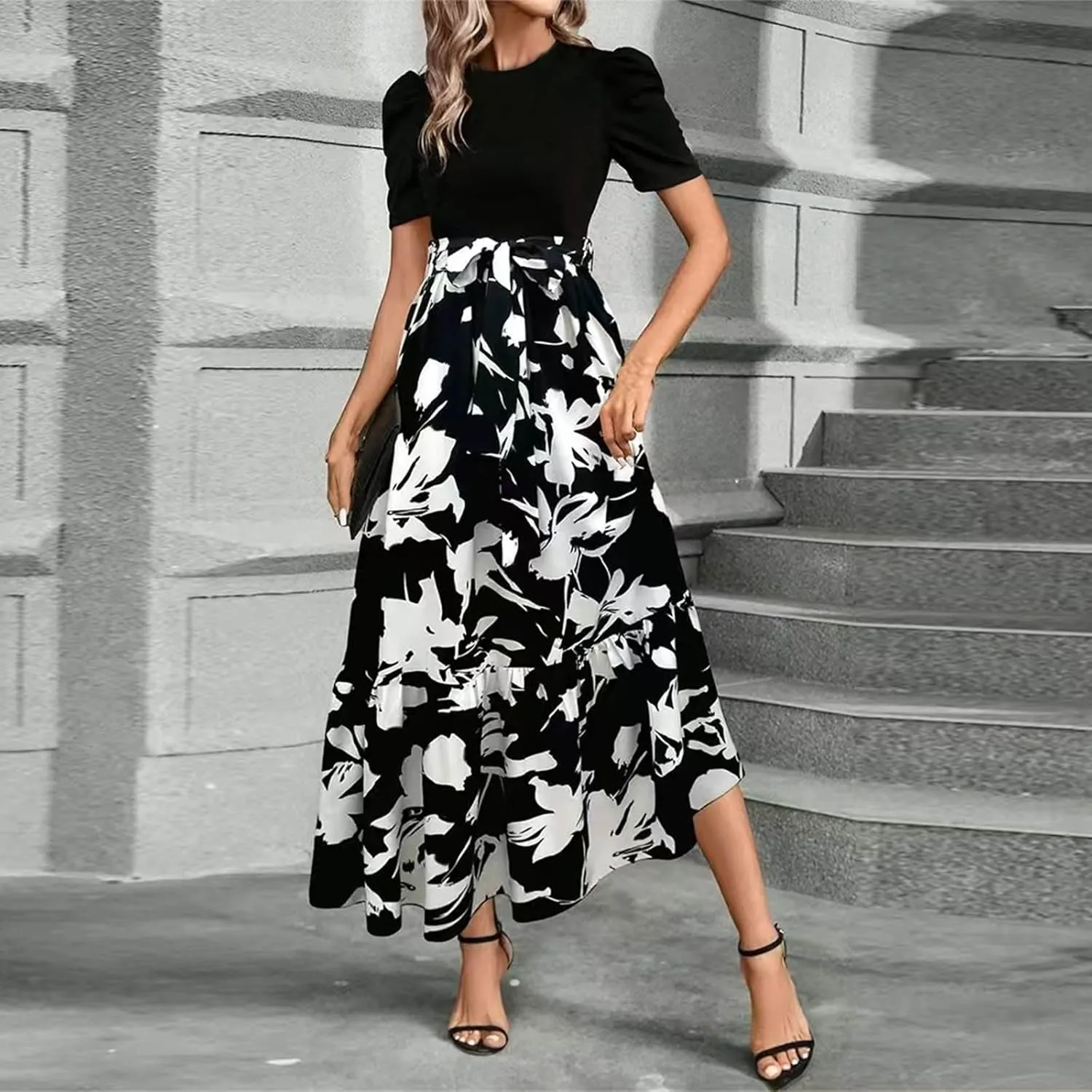 Work Dresses for Women 2025 Elegant Classy Summer Empire Waist Short Sleeve A Line Dress Wedding Guest Wrap Sundress