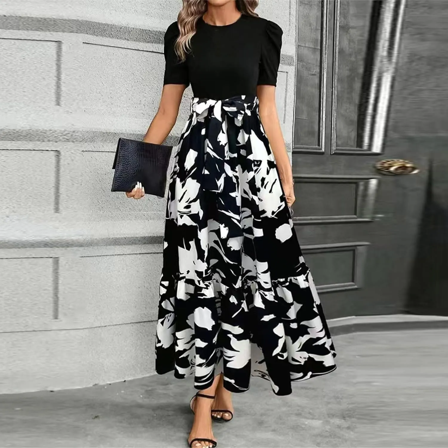 Work Dresses for Women 2025 Elegant Classy Summer Empire Waist Short Sleeve A Line Dress Wedding Guest Wrap Sundress