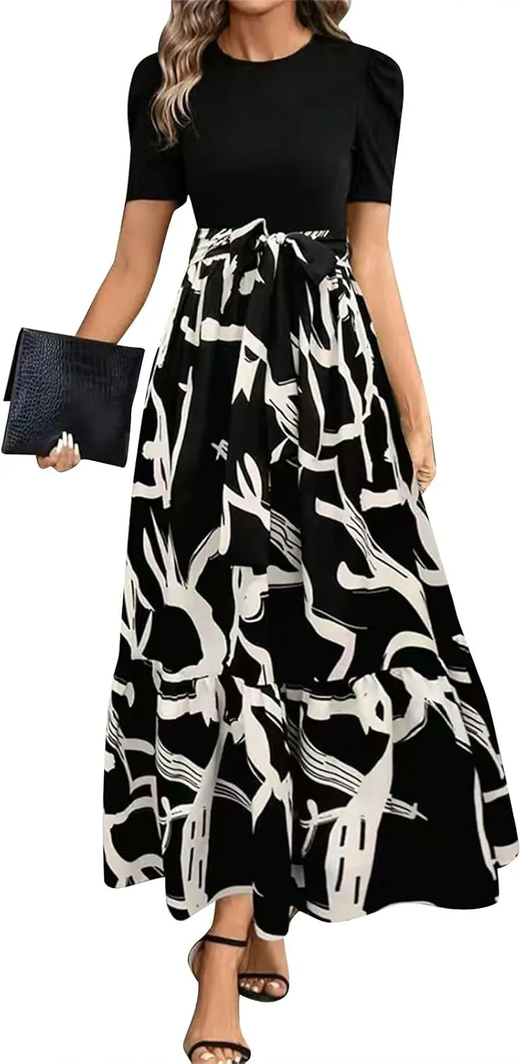 Work Dresses for Women 2025 Elegant Classy Summer Empire Waist Short Sleeve A Line Dress Wedding Guest Wrap Sundress