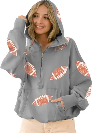 Xunger Women's Football Sequin Hoodie Half Zip Long Sleeve Rugby Patches Game Day Hooded Sweatshirt