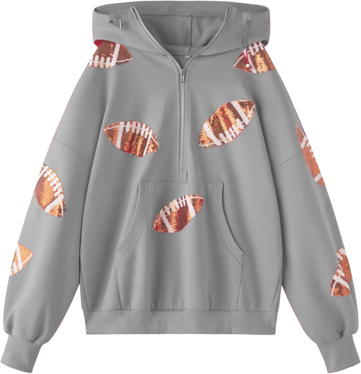 Xunger Women's Football Sequin Hoodie Half Zip Long Sleeve Rugby Patches Game Day Hooded Sweatshirt