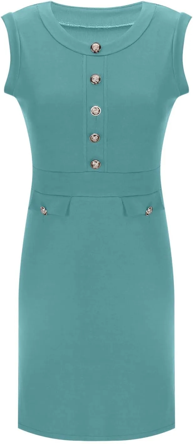yardsong Summer Work Dresses for Women 2025 Business Casual Metal Buttons Decor Mini Dress Sleeveless Office Dresses