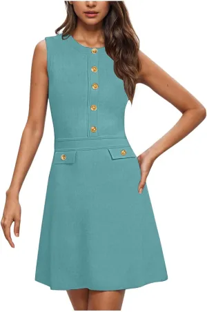 yardsong Summer Work Dresses for Women 2025 Business Casual Metal Buttons Decor Mini Dress Sleeveless Office Dresses
