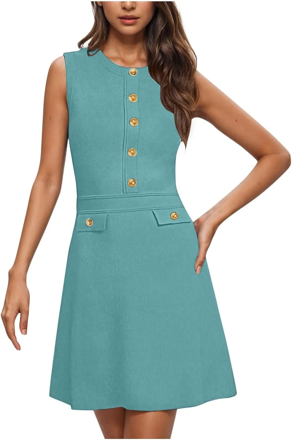 yardsong Summer Work Dresses for Women 2025 Business Casual Metal Buttons Decor Mini Dress Sleeveless Office Dresses