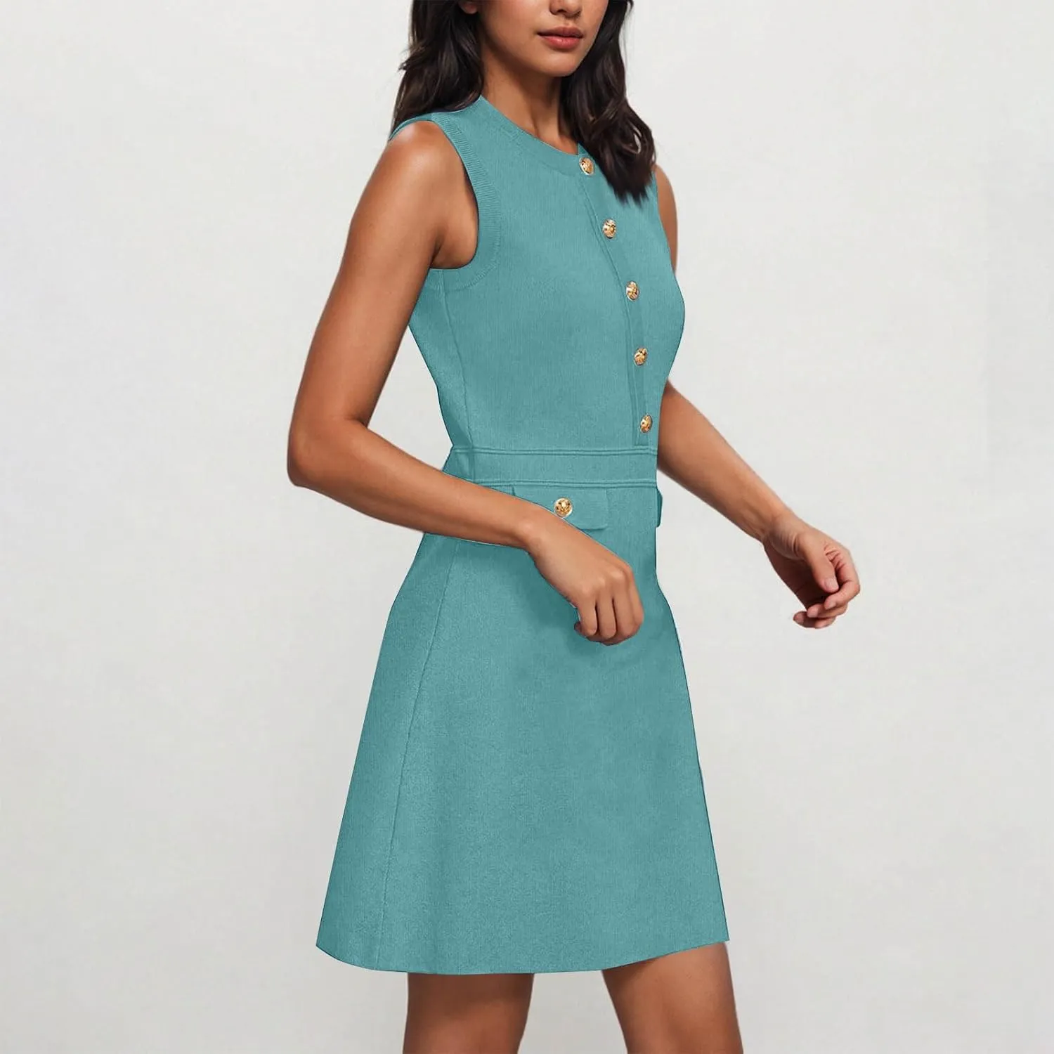 yardsong Summer Work Dresses for Women 2025 Business Casual Metal Buttons Decor Mini Dress Sleeveless Office Dresses