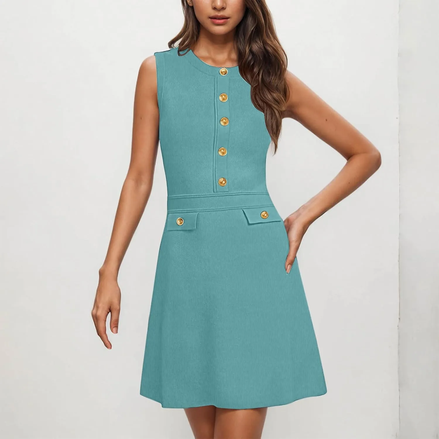 yardsong Summer Work Dresses for Women 2025 Business Casual Metal Buttons Decor Mini Dress Sleeveless Office Dresses