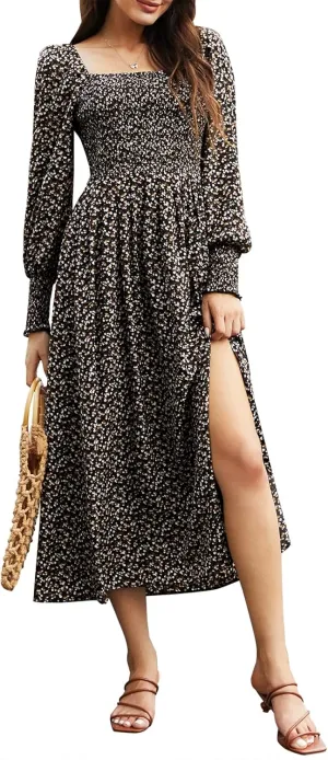 ZAFUL Women's Off Shoulder Maxi Dress Square Neck Split Long Sleeve Flowy Swing Black Boho Floral Print Beach Party