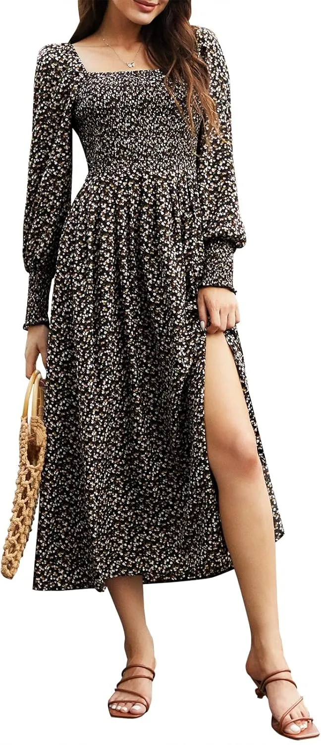 ZAFUL Women's Off Shoulder Maxi Dress Square Neck Split Long Sleeve Flowy Swing Black Boho Floral Print Beach Party