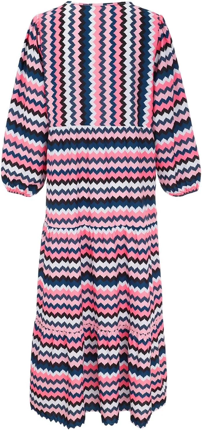 ZYXTIM Boho Dresses for Women 2025 V Neck Floral Puff Short Sleeve Summer Dress Oversize Casual Beach Vacation Maxi Dress