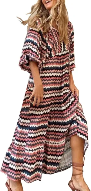 ZYXTIM Boho Dresses for Women 2025 V Neck Floral Puff Short Sleeve Summer Dress Oversize Casual Beach Vacation Maxi Dress